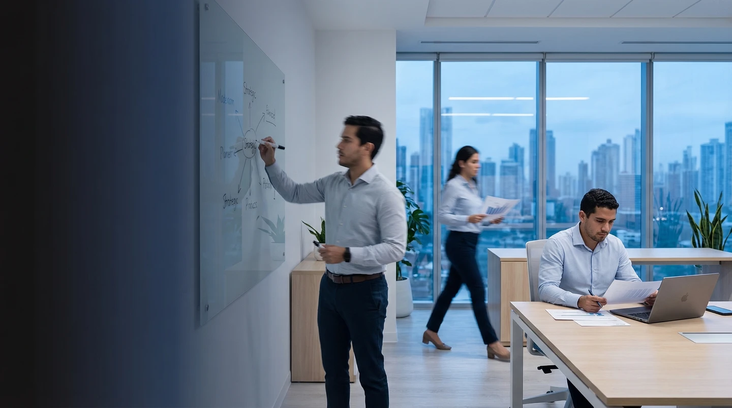 Equipo de consultoría en oficina moderna en Ciudad de Panamá
